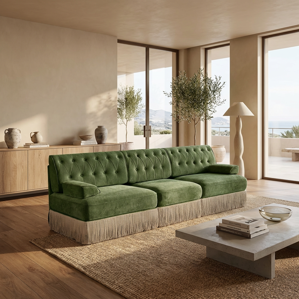 Austin Modern Velvet 3-Seater Sofa with Fringe Skirt Base