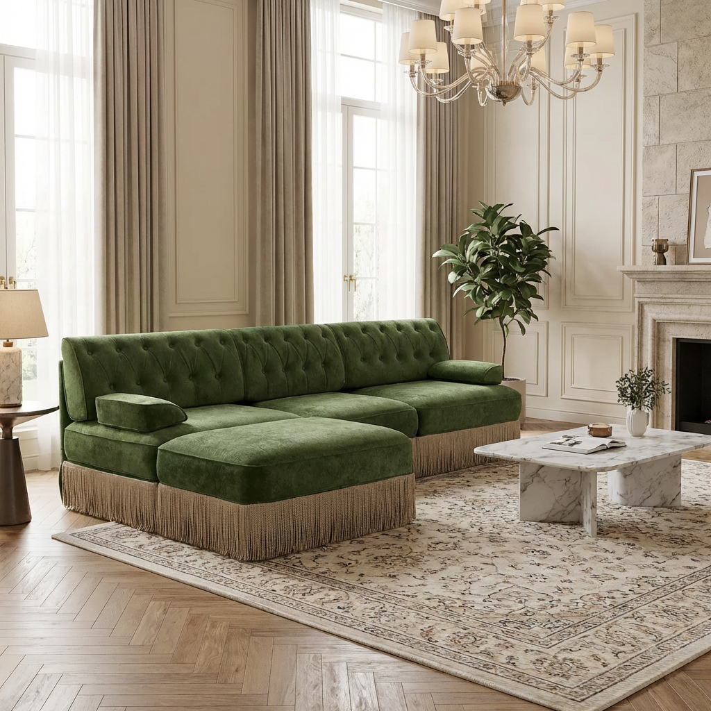 Austin 106" Tufted Modular Velvet 3-Seater Sectional Sofa with Ottoman