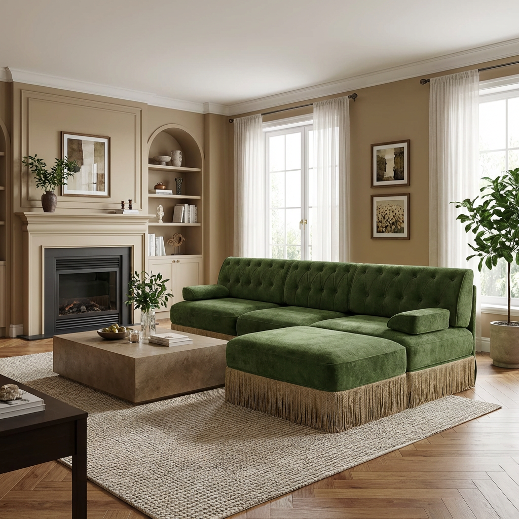 Austin 106" Tufted Modular Velvet 3-Seater Sectional Sofa with Ottoman