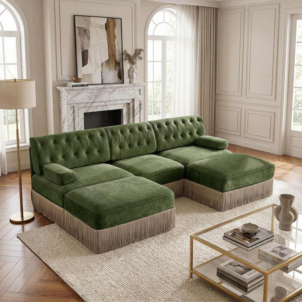 Austin 106" Tufted Velvet Modular 3-Seater U-Shaped Sectional Sofa with 2 Ottomans