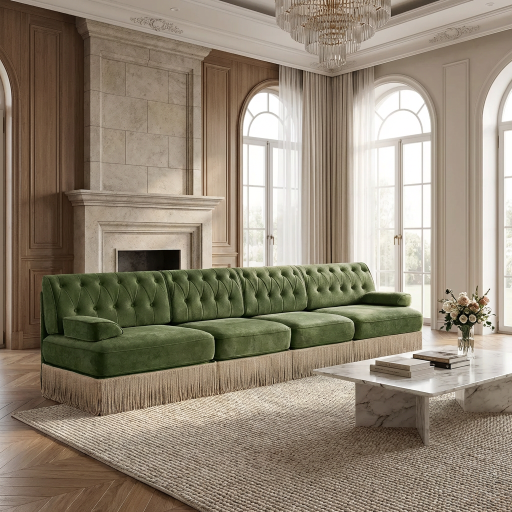 Austin 136" Tufted Velvet 4-Seater Modular Sofa with Fringe Skirt Base
