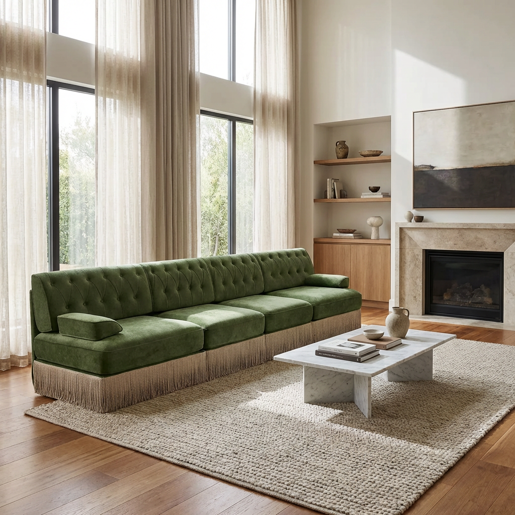 Austin 136" Tufted Velvet 4-Seater Modular Sofa with Fringe Skirt Base