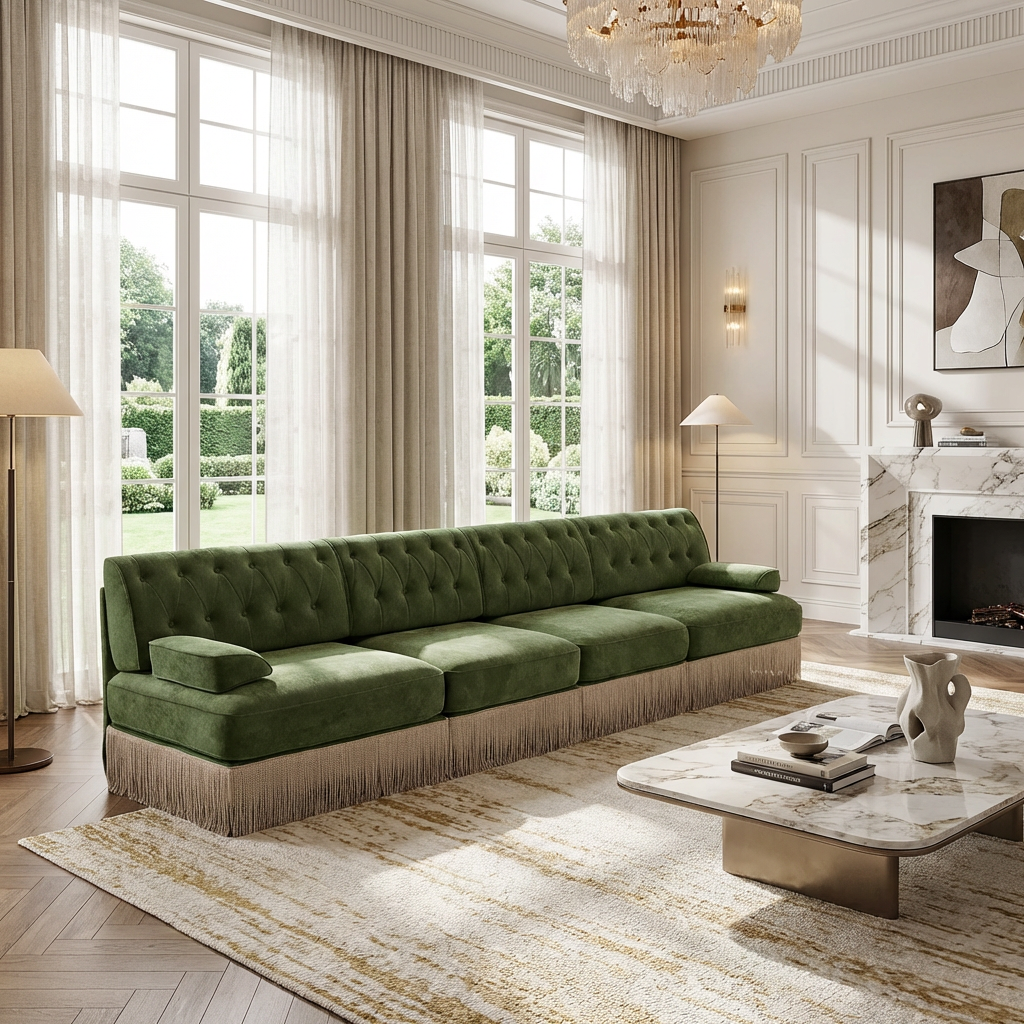 Austin 136" Tufted Velvet 4-Seater Modular Sofa with Fringe Skirt Base