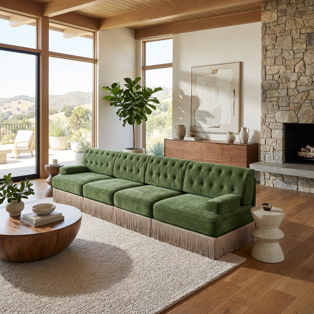 Austin 136" Tufted Velvet 4-Seater Modular Sofa with Fringe Skirt Base