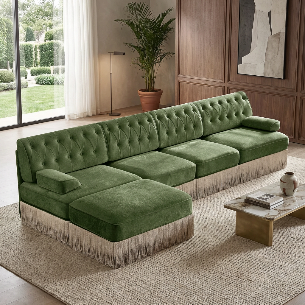 Austin 136" Tufted Velvet 4-Seater Modular Sectional Sofa with Ottoman