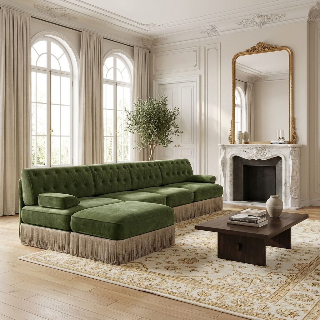 Austin 136" Tufted Velvet 4-Seater Modular Sectional Sofa with Ottoman