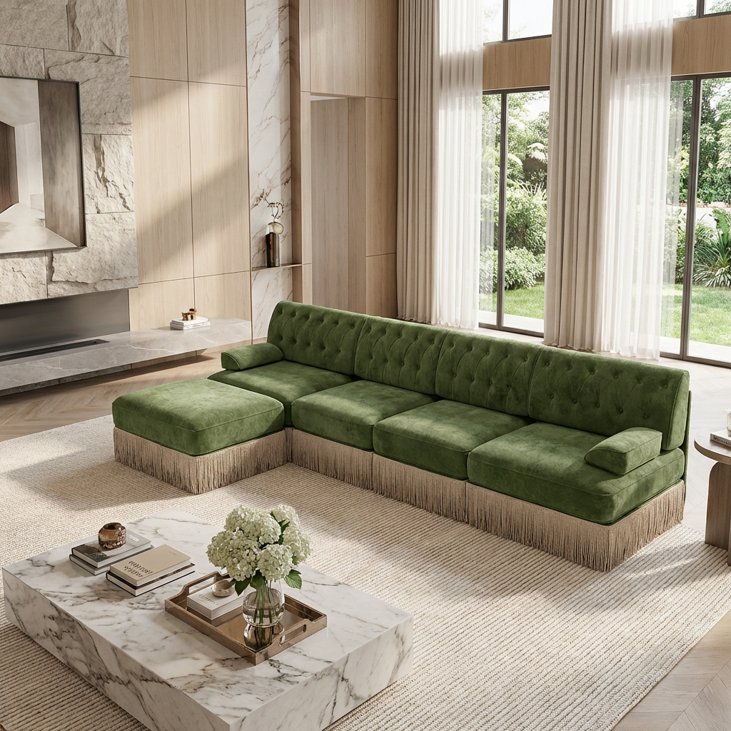 Austin 136" Tufted Velvet 4-Seater Modular Sectional Sofa with Ottoman