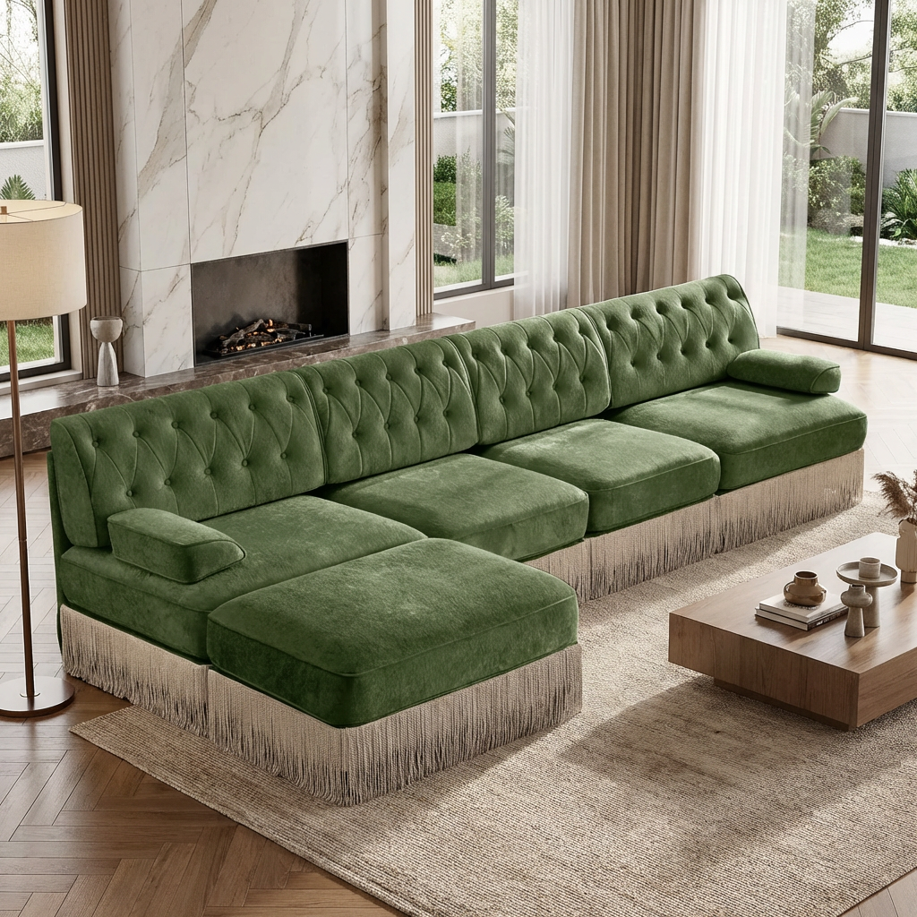 Austin 136" Tufted Velvet 4-Seater Modular Sectional Sofa with Ottoman