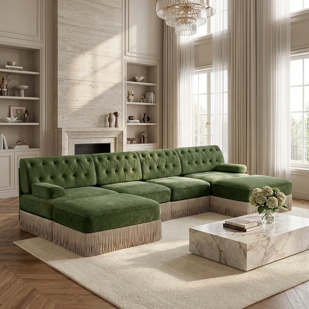 Austin 136" Tufted Velvet 4-Seater Modular U-Shaped Sectional Sofa with 2 Ottomans
