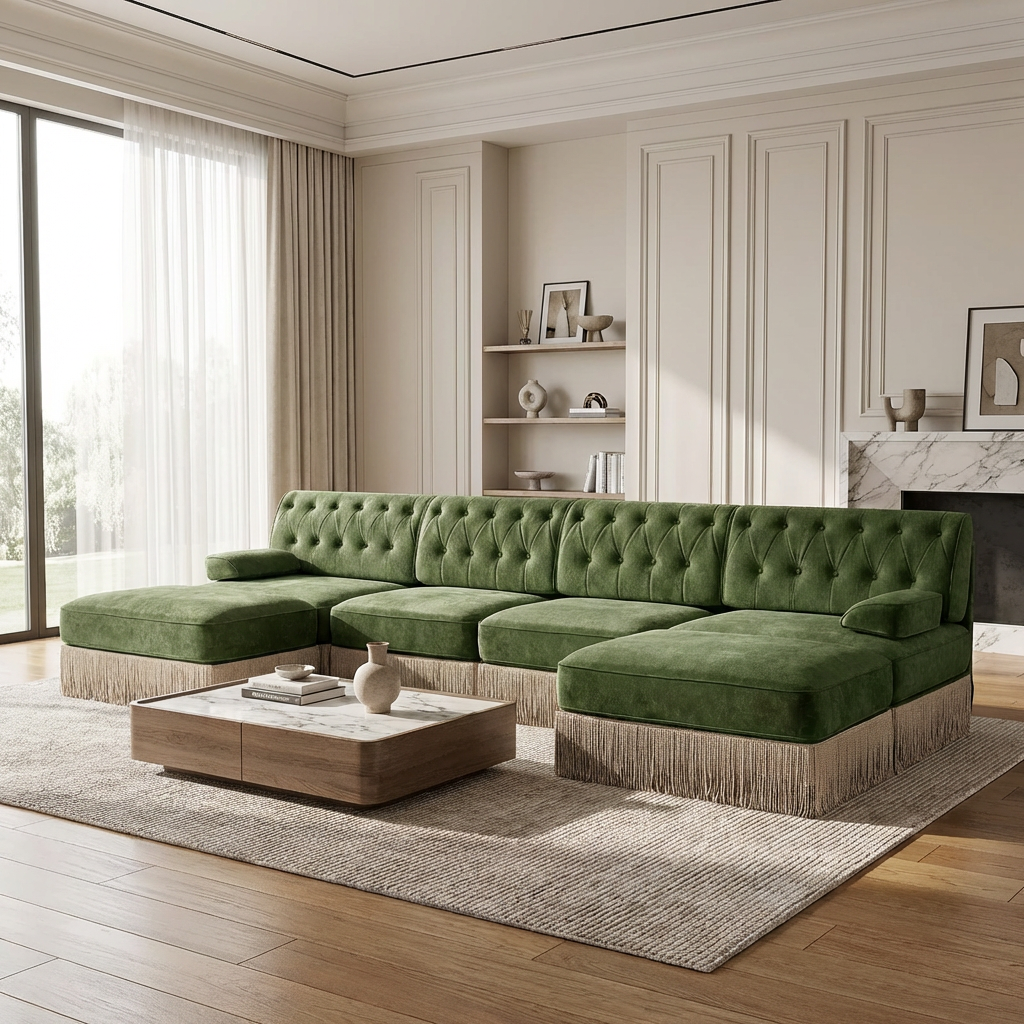 Austin 136" Tufted Velvet 4-Seater Modular U-Shaped Sectional Sofa with 2 Ottomans