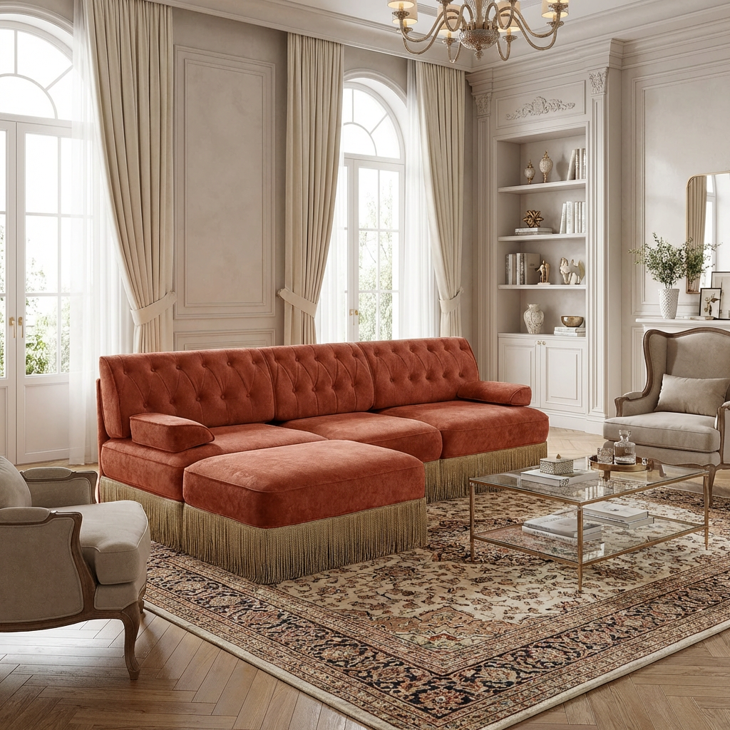 Austin 106" Tufted Modular Velvet 3-Seater Sectional Sofa with Ottoman