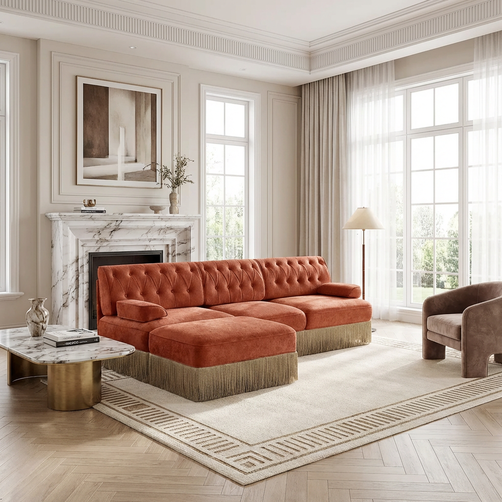 Austin 106" Tufted Modular Velvet 3-Seater Sectional Sofa with Ottoman