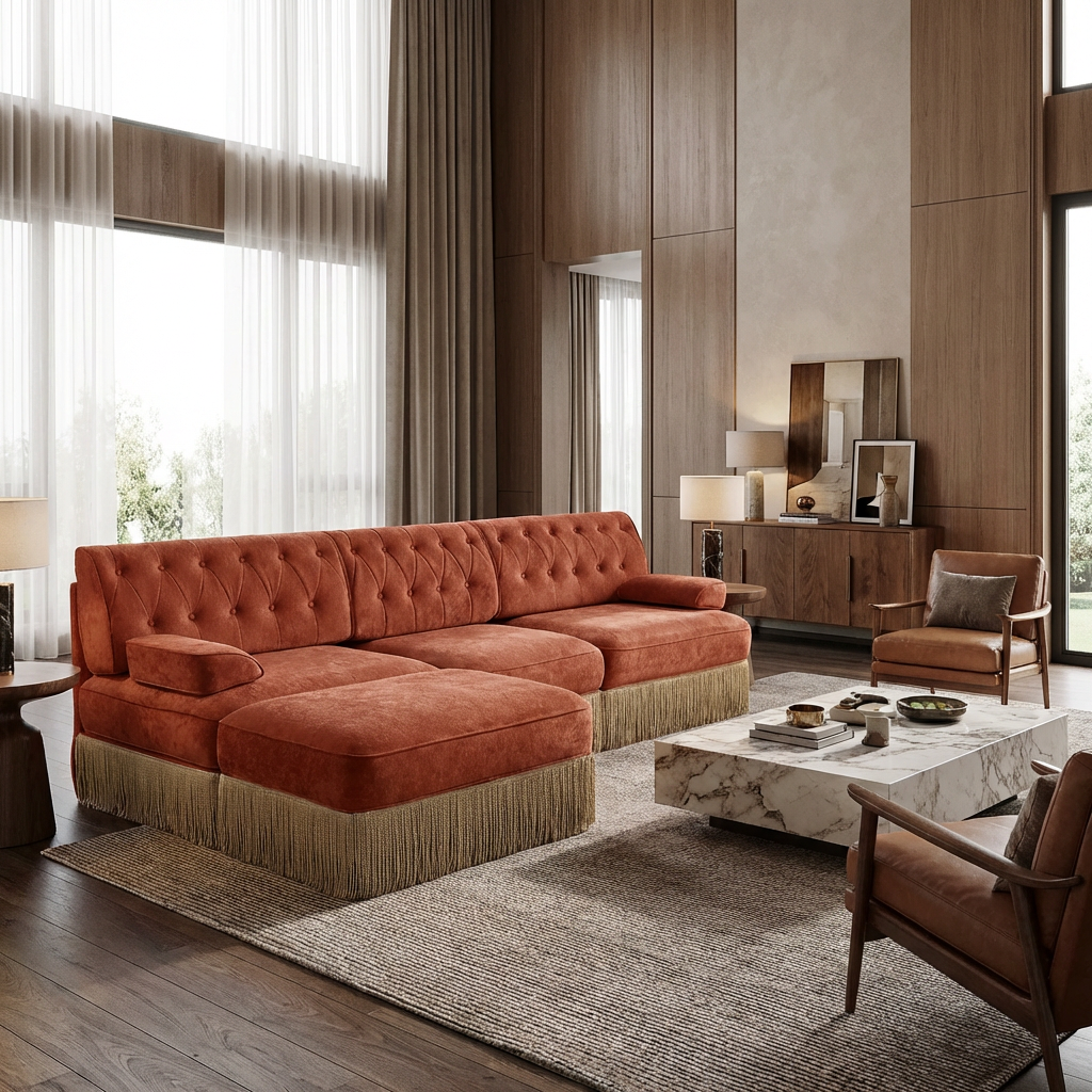 Austin 106" Tufted Modular Velvet 3-Seater Sectional Sofa with Ottoman