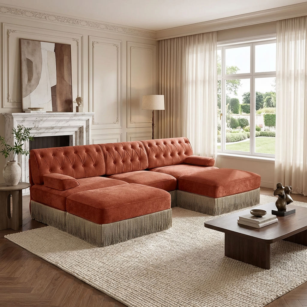 Austin 106" Tufted Velvet Modular 3-Seater U-Shaped Sectional Sofa with 2 Ottomans