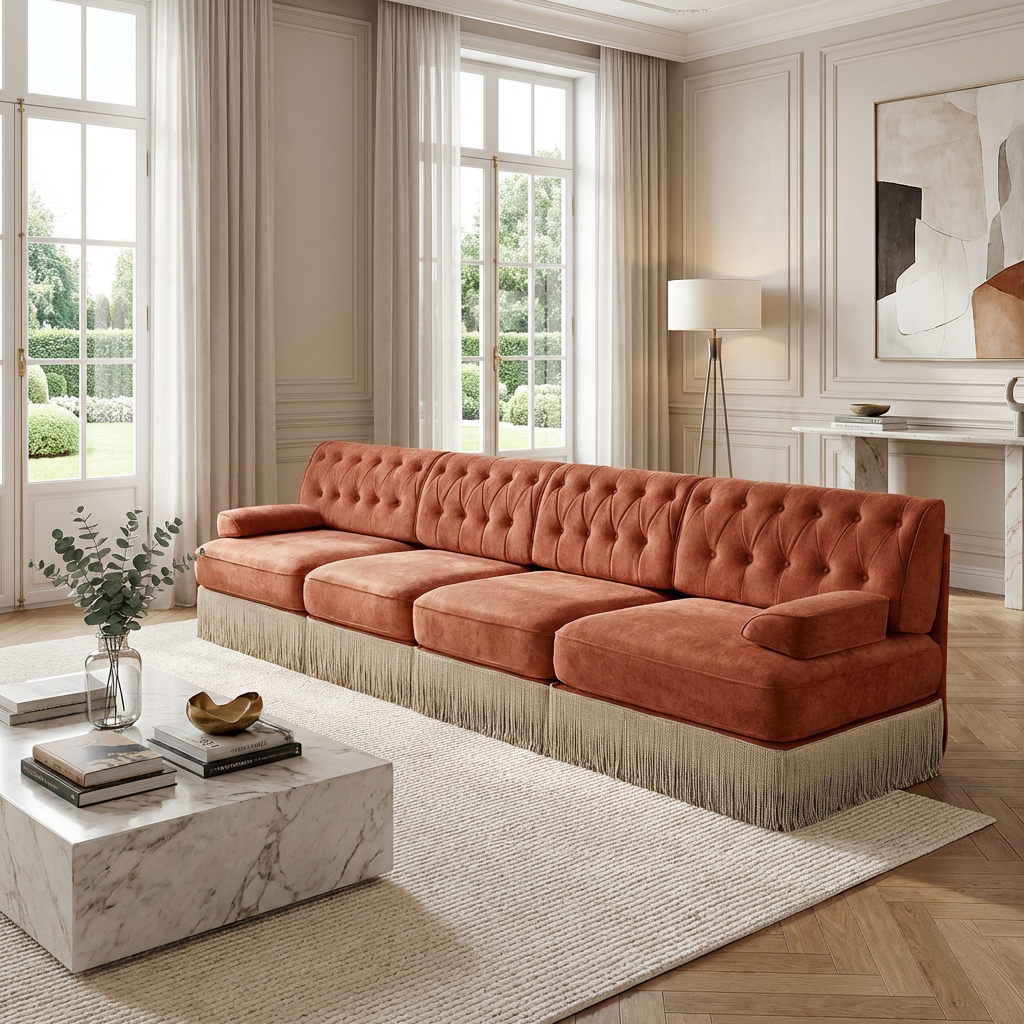 Austin 136" Tufted Velvet 4-Seater Modular Sofa with Fringe Skirt Base