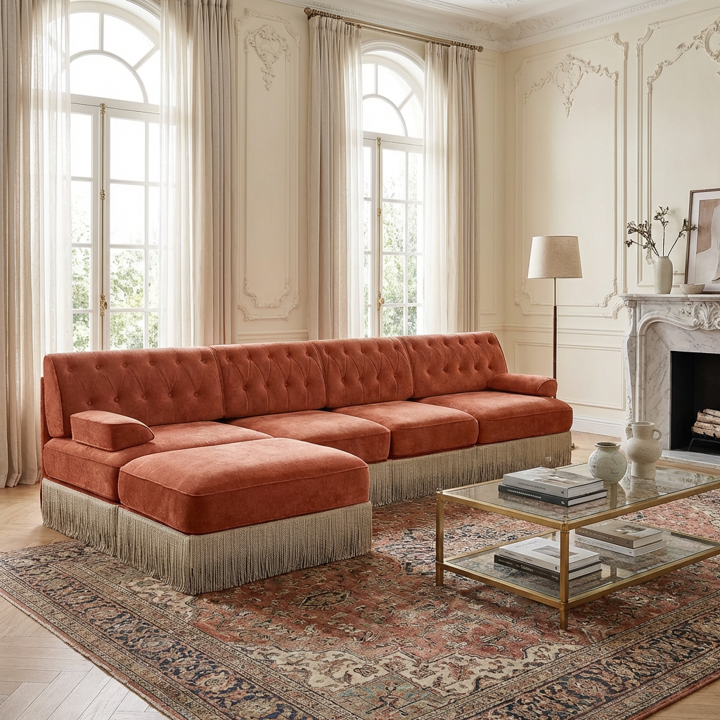 Austin 136" Tufted Velvet 4-Seater Modular Sectional Sofa with Ottoman