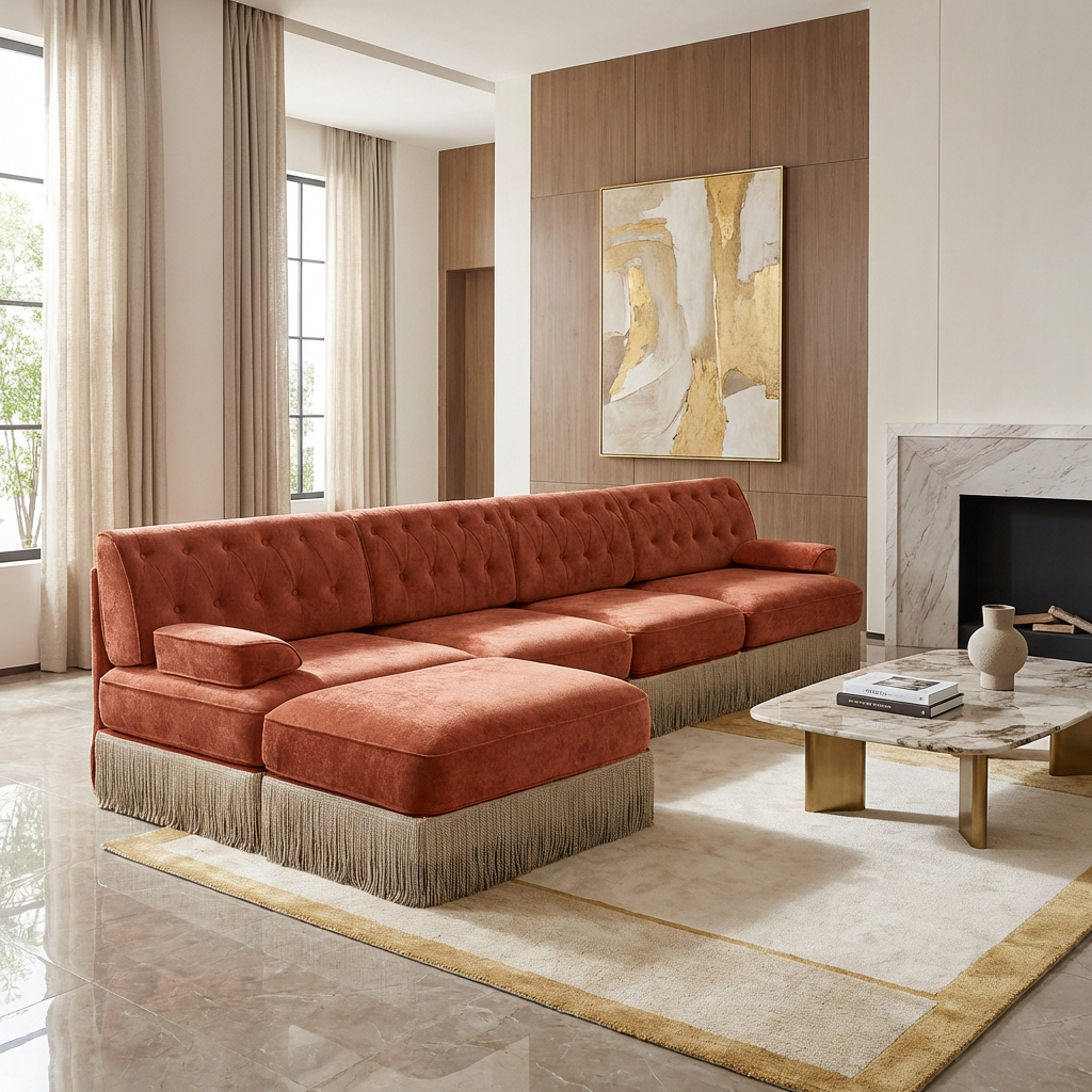Austin 136" Tufted Velvet 4-Seater Modular Sectional Sofa with Ottoman