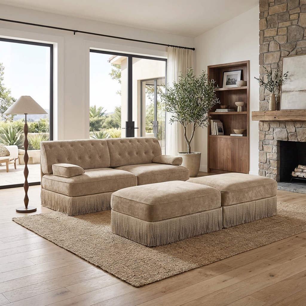 Austin 77" 4 Pieces Tufted Velvet Modular Sofa with 2 Ottomans