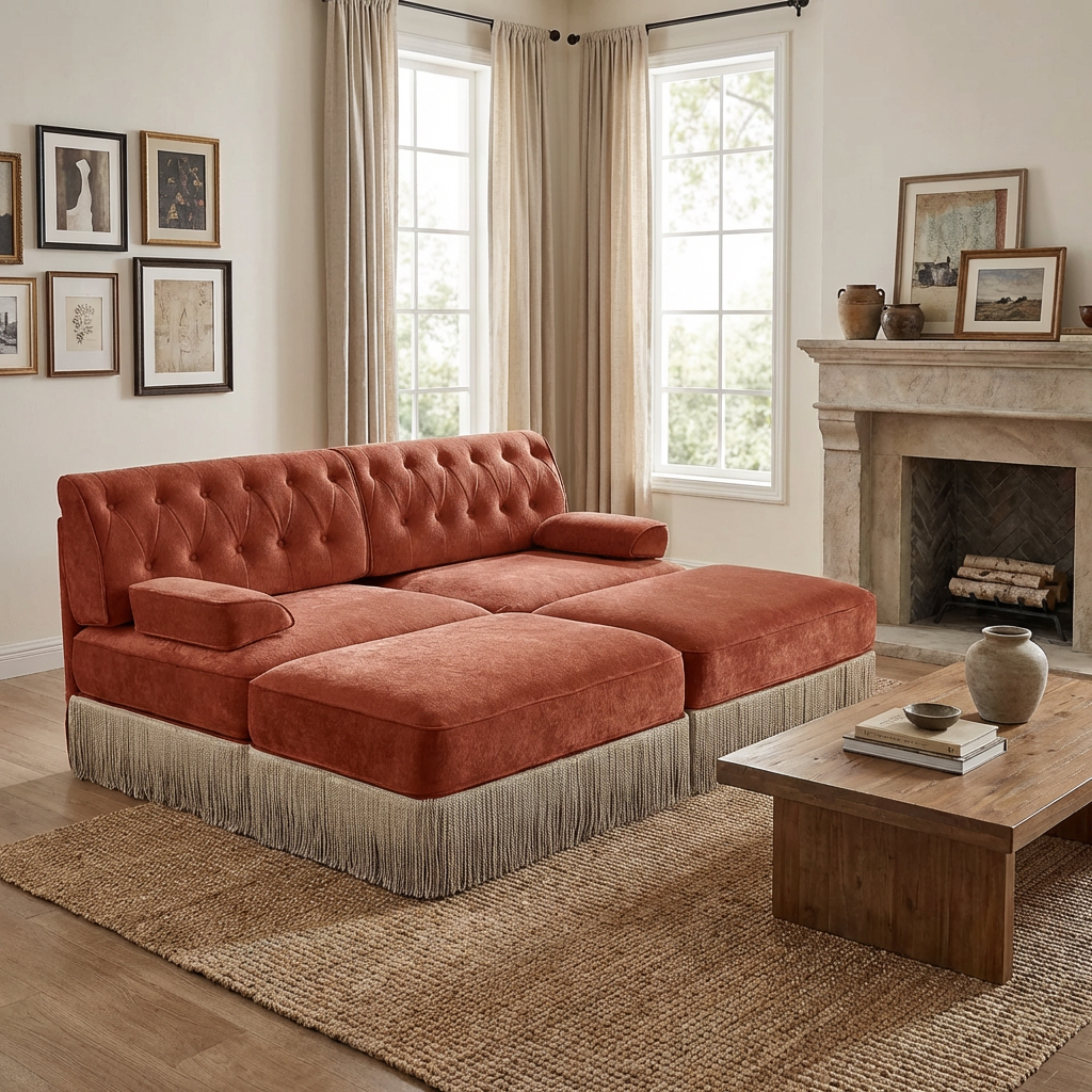 Austin 77" 4 Pieces Tufted Velvet Modular Sofa with 2 Ottomans