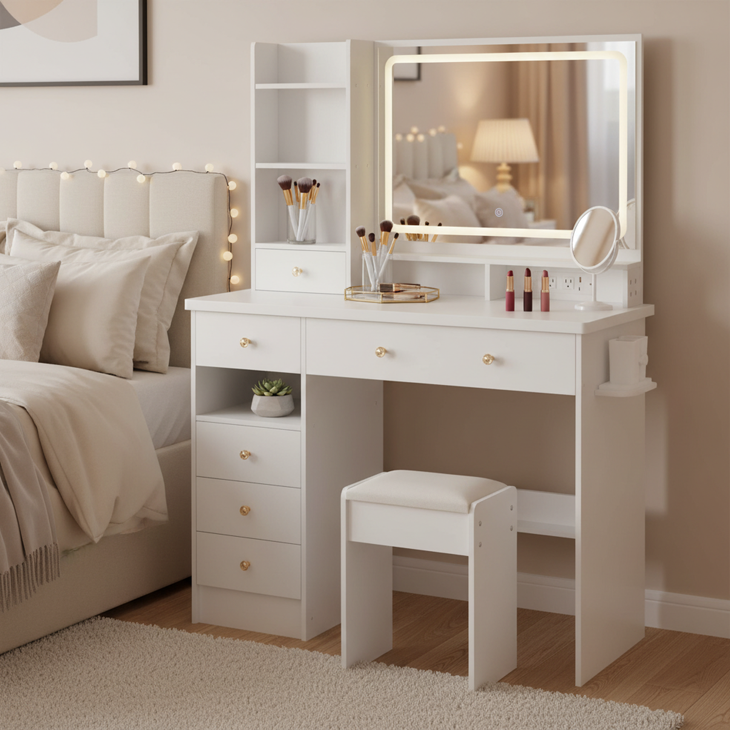 Homy Casa 41" White Vanity Set with LED Mirror, Power Outlets & Cushioned Stool