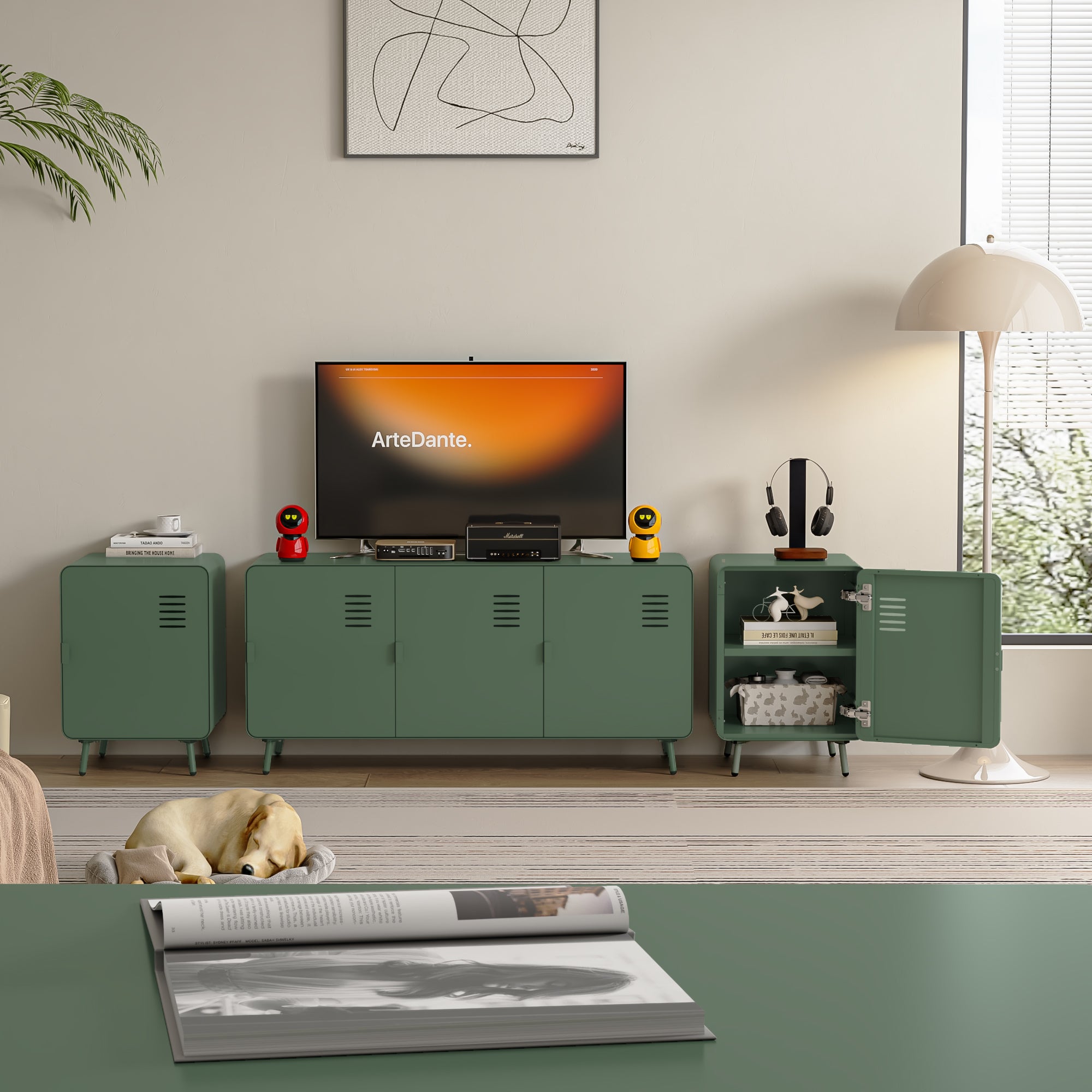 Homy Casa Walnut 2PC Morandi Green Compact Metal Storage Cabinet Night Stand with Ventilated Door no locker Assembled