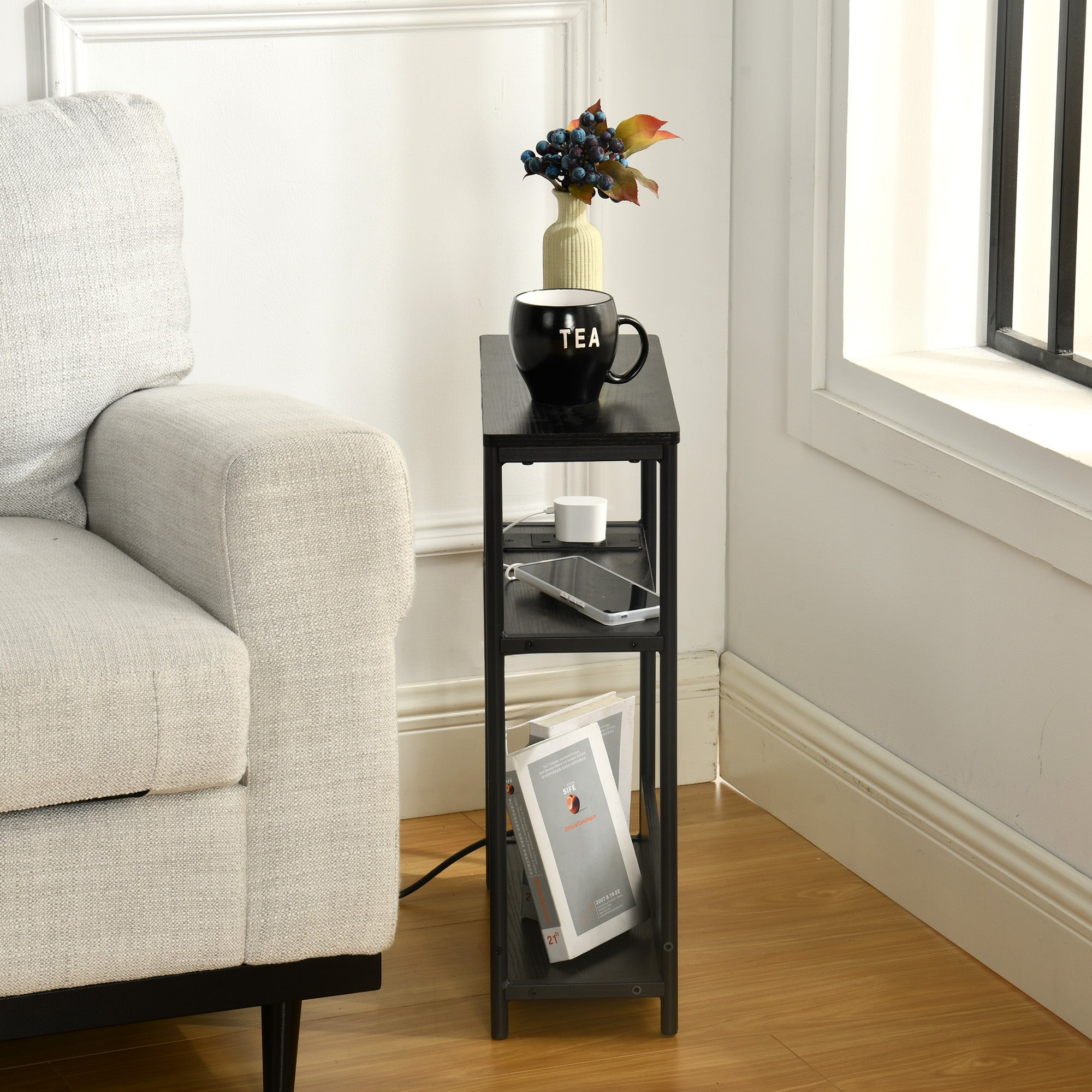 Homy Casa WANDA US Side Table "17.72 x 7.09 x 22.83 in" with Built-in Power Outlets and USB for Living Room, Bedroom, Office