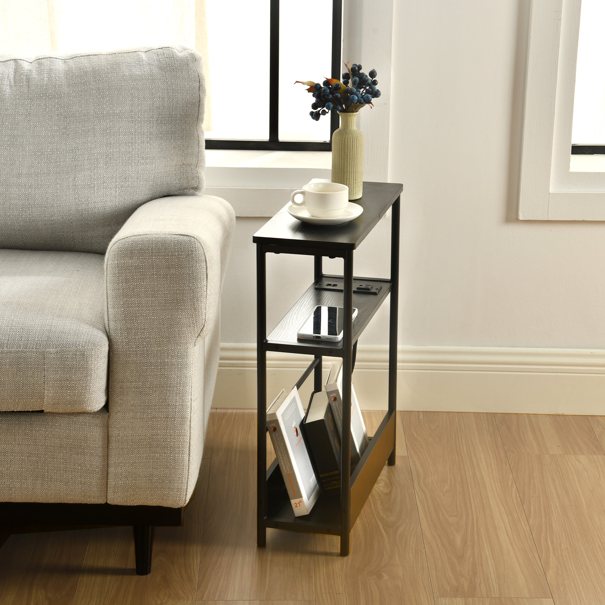 Homy Casa WANDA US Side Table "17.72 x 7.09 x 22.83 in" with Built-in Power Outlets and USB for Living Room, Bedroom, Office