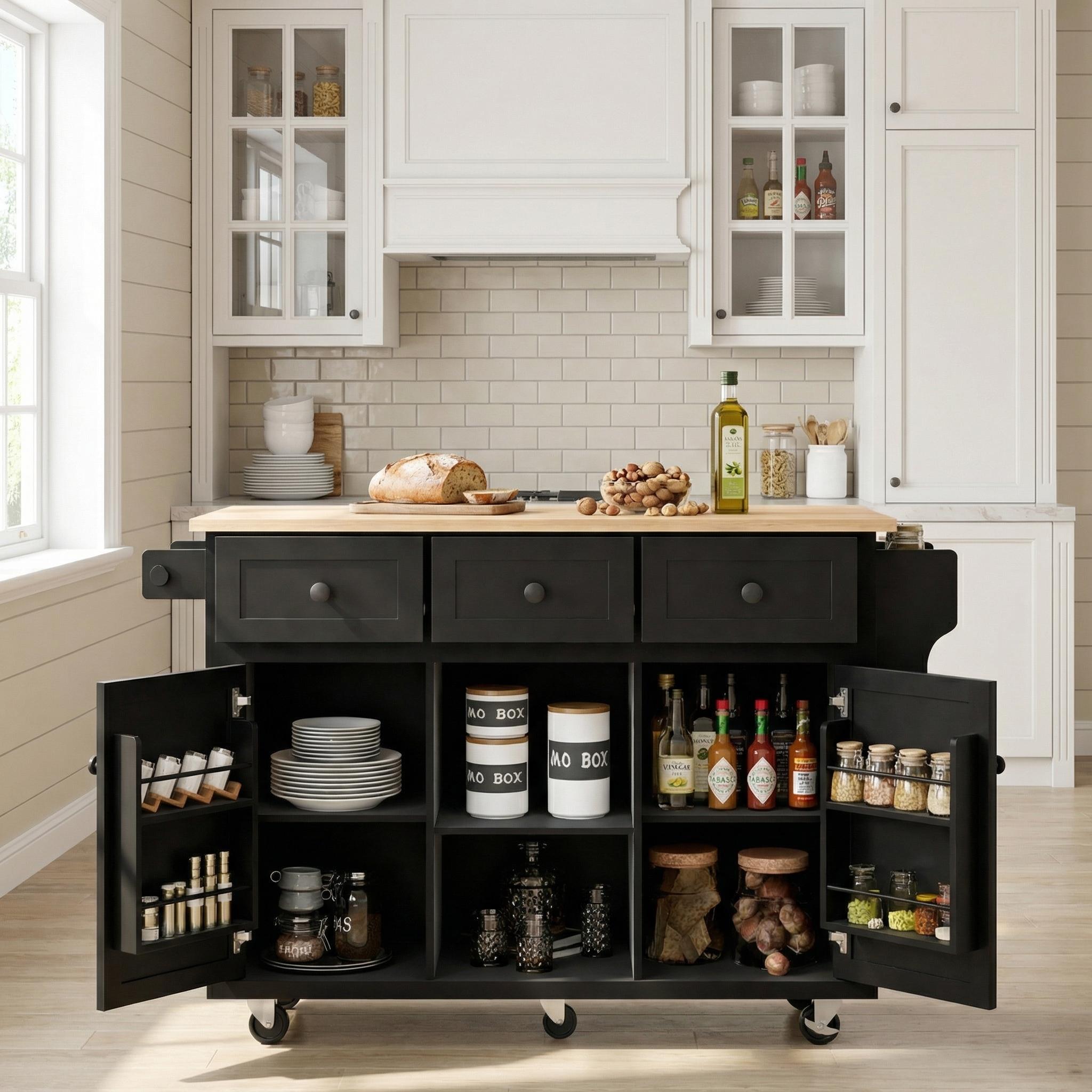 Java 53" Rolling Kitchen Island with Drop Leaf Rubberwood Top and Storage Drawers