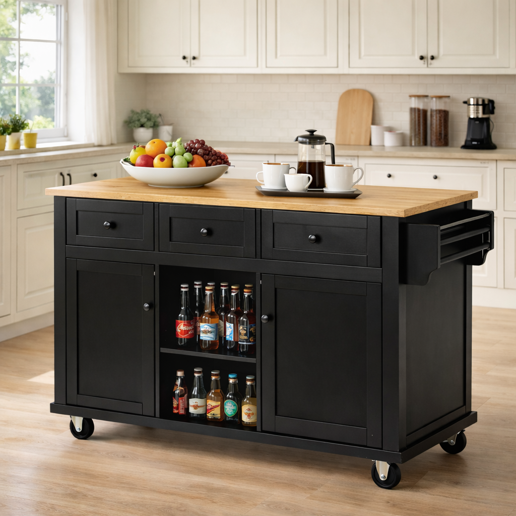 Java 53" Rolling Kitchen Island with Drop Leaf Rubberwood Top and Storage Drawers