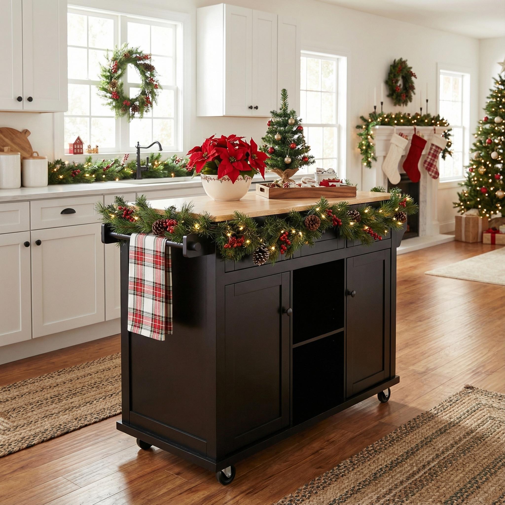 Java 53" Rolling Kitchen Island with Drop Leaf Rubberwood Top and Storage Drawers
