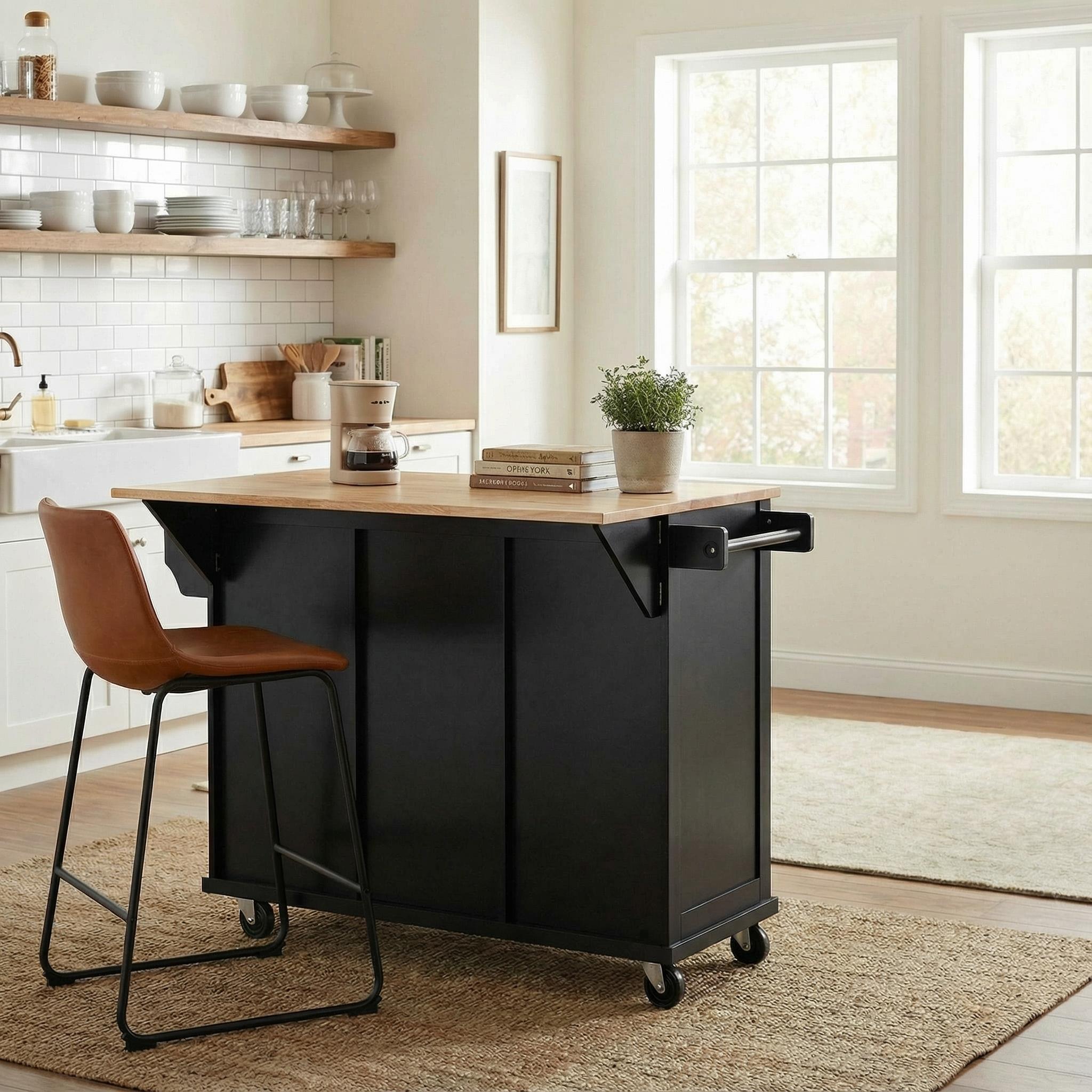 Java 53" Rolling Kitchen Island with Drop Leaf Rubberwood Top and Storage Drawers