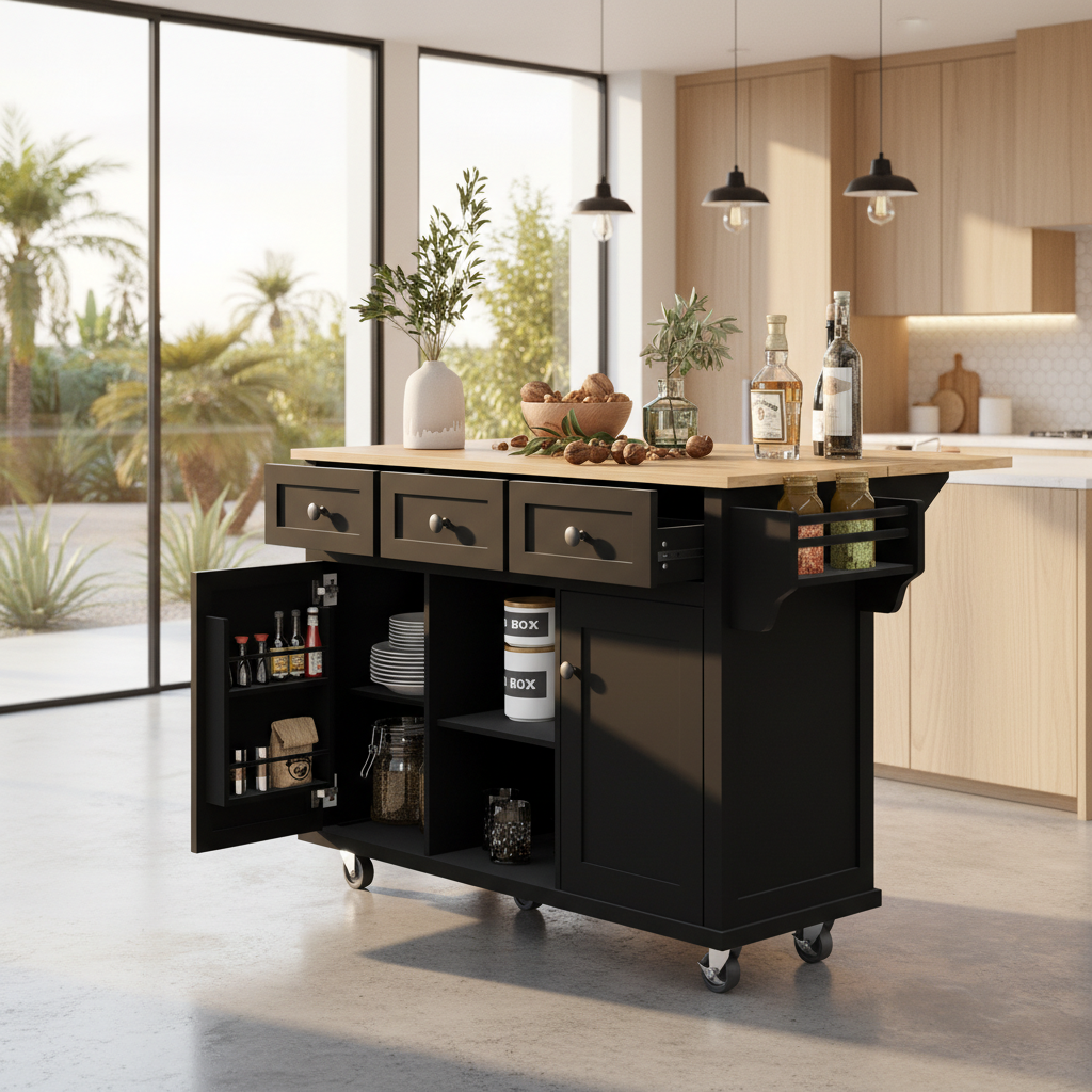 Java 53" Rolling Kitchen Island with Drop Leaf Rubberwood Top and Storage Drawers