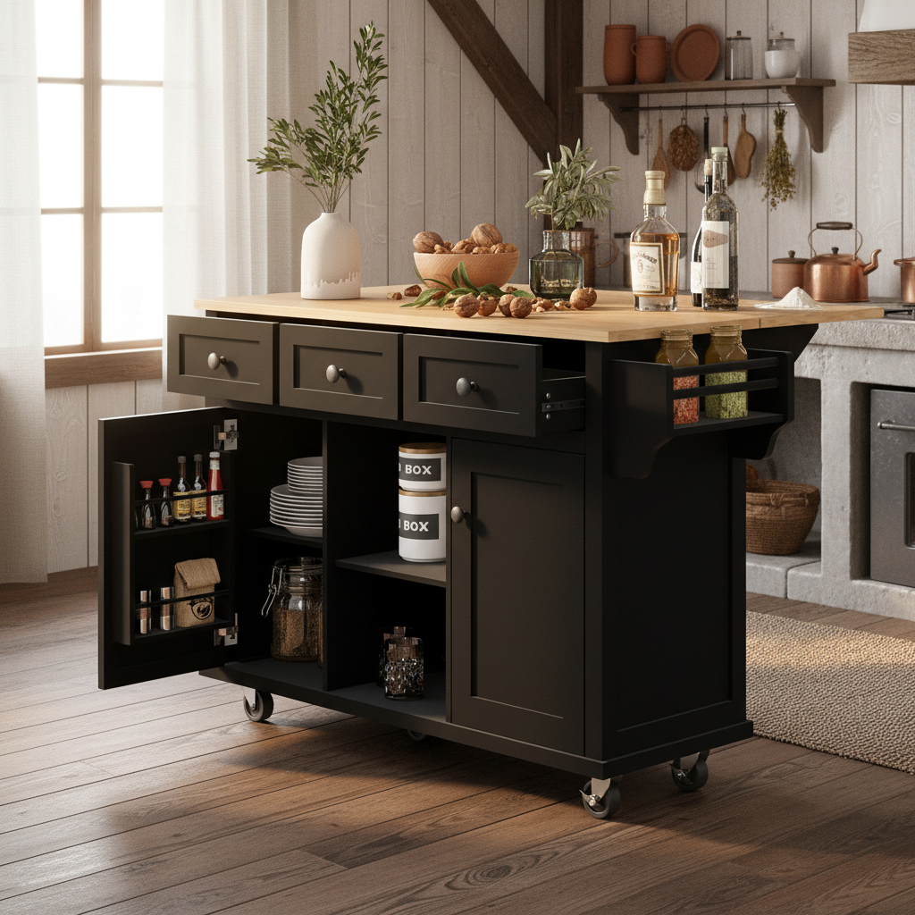 Java 53" Rolling Kitchen Island with Drop Leaf Rubberwood Top and Storage Drawers