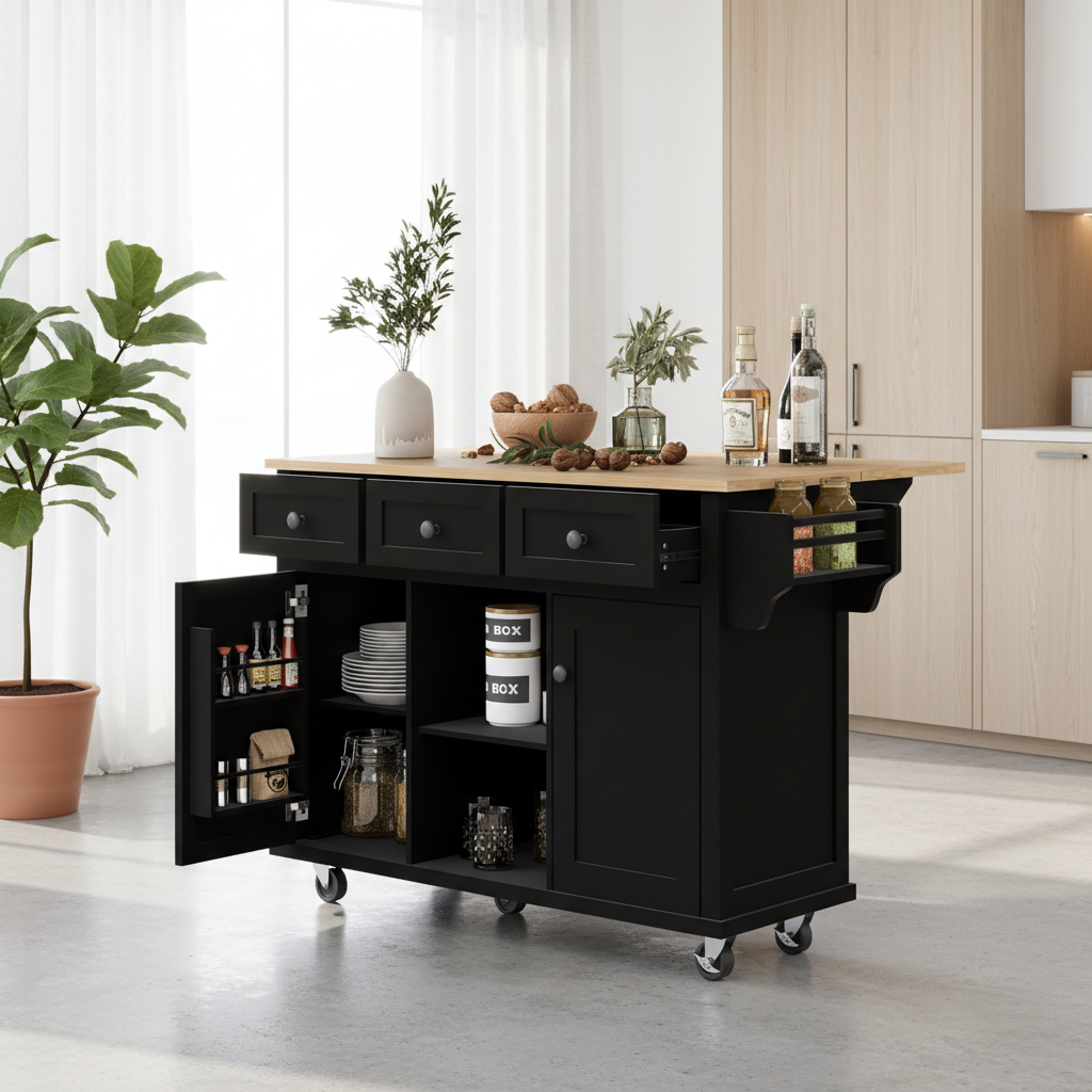 Java 53" Rolling Kitchen Island with Drop Leaf Rubberwood Top and Storage Drawers