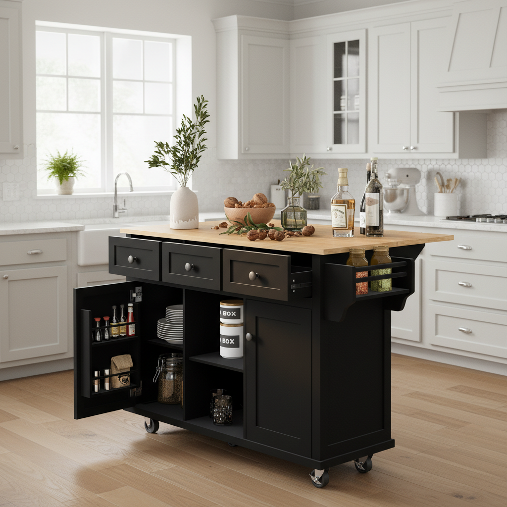 Java 53" Rolling Kitchen Island with Drop Leaf Rubberwood Top and Storage Drawers