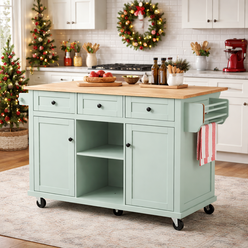 Java 53" Rolling Kitchen Island with Drop Leaf Rubberwood Top and Storage Drawers