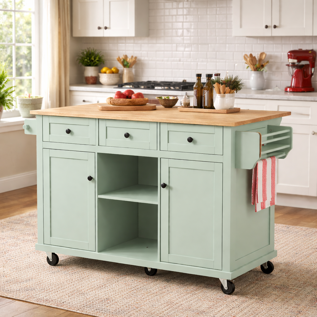 Java 53" Rolling Kitchen Island with Drop Leaf Rubberwood Top and Storage Drawers