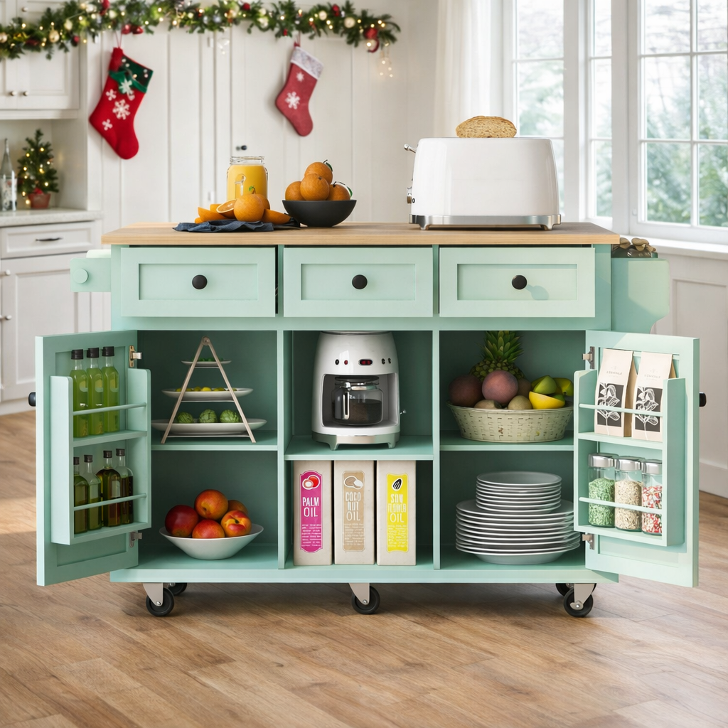 Java 53" Rolling Kitchen Island with Drop Leaf Rubberwood Top and Storage Drawers