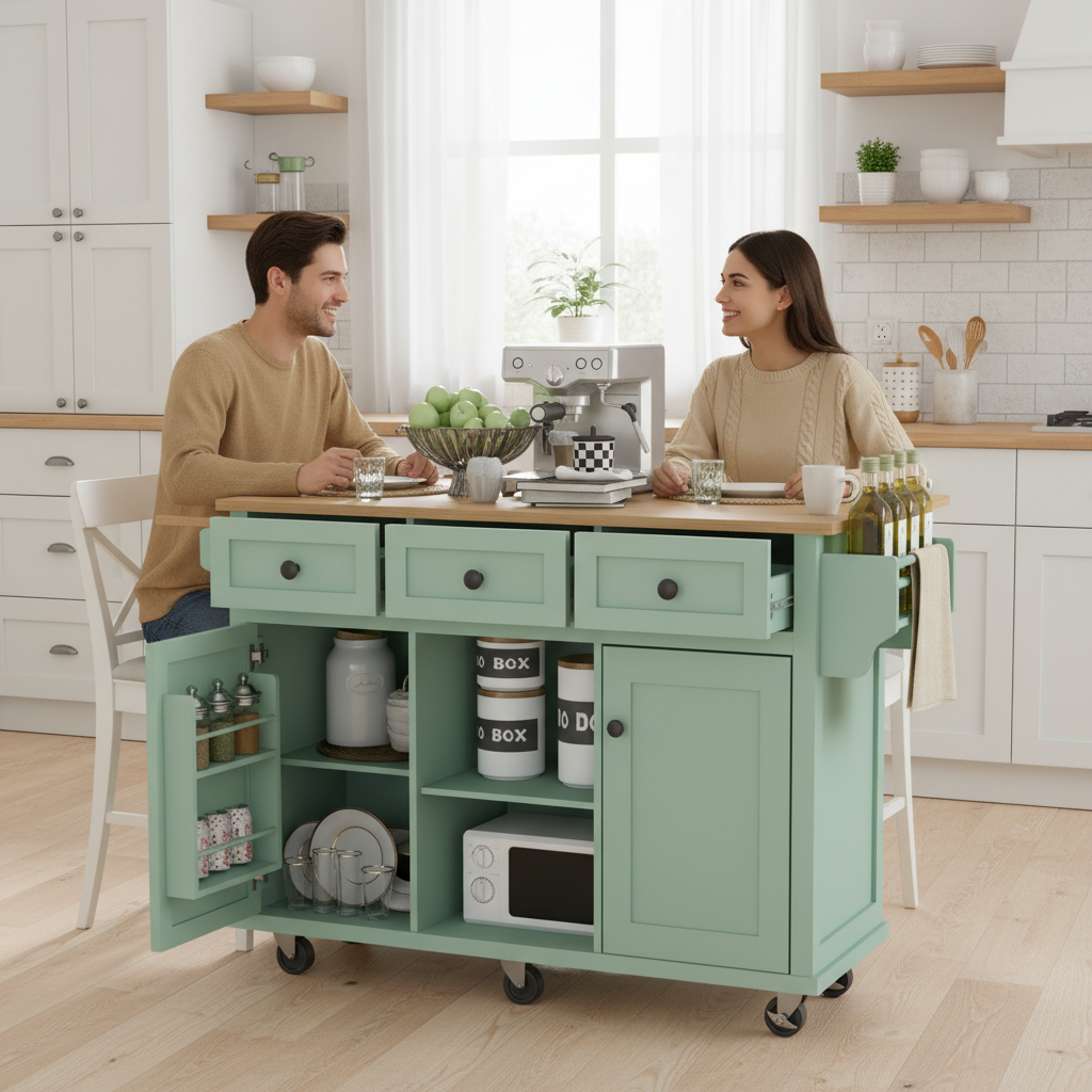 Java 53" Rolling Kitchen Island with Drop Leaf Rubberwood Top and Storage Drawers