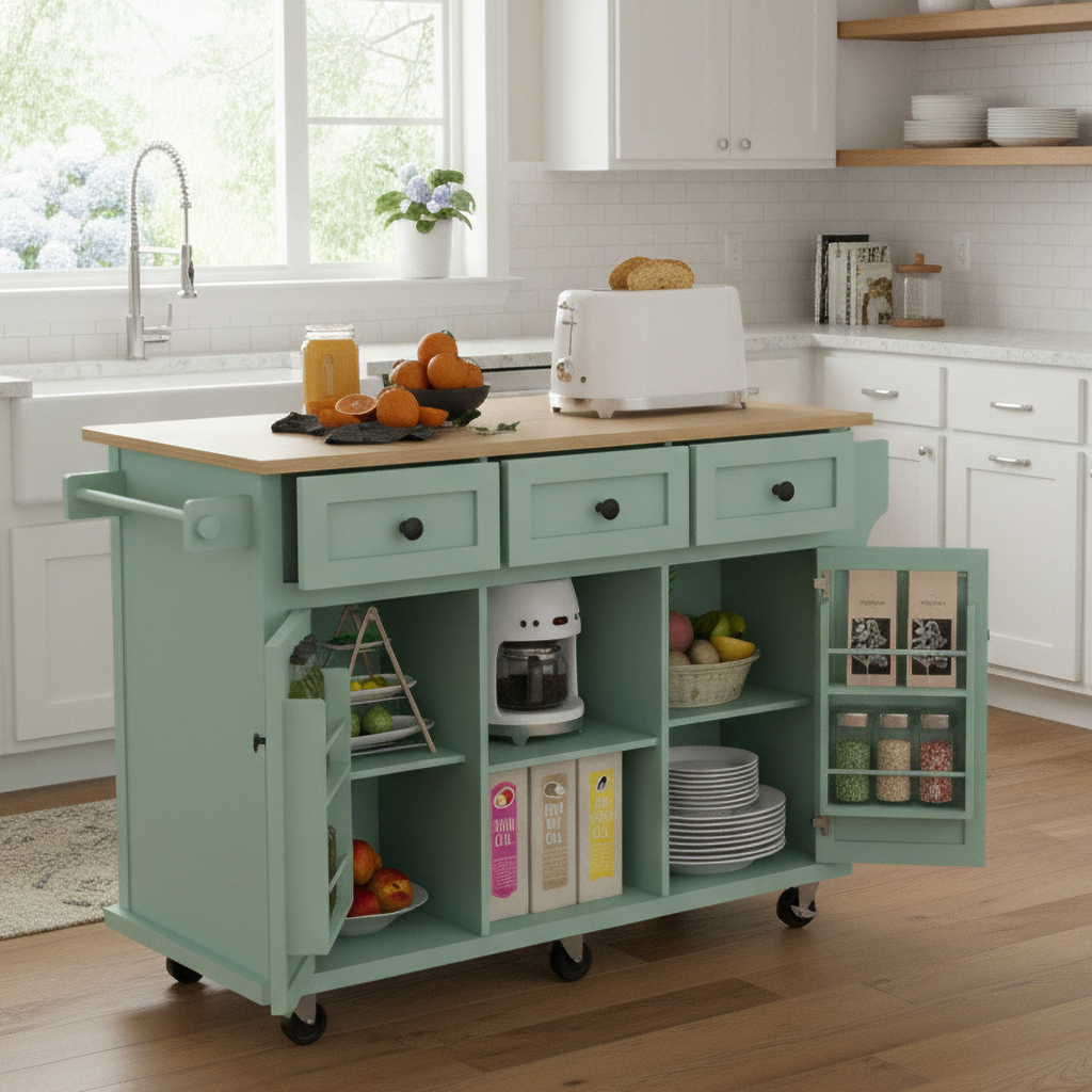 Java 53" Rolling Kitchen Island with Drop Leaf Rubberwood Top and Storage Drawers