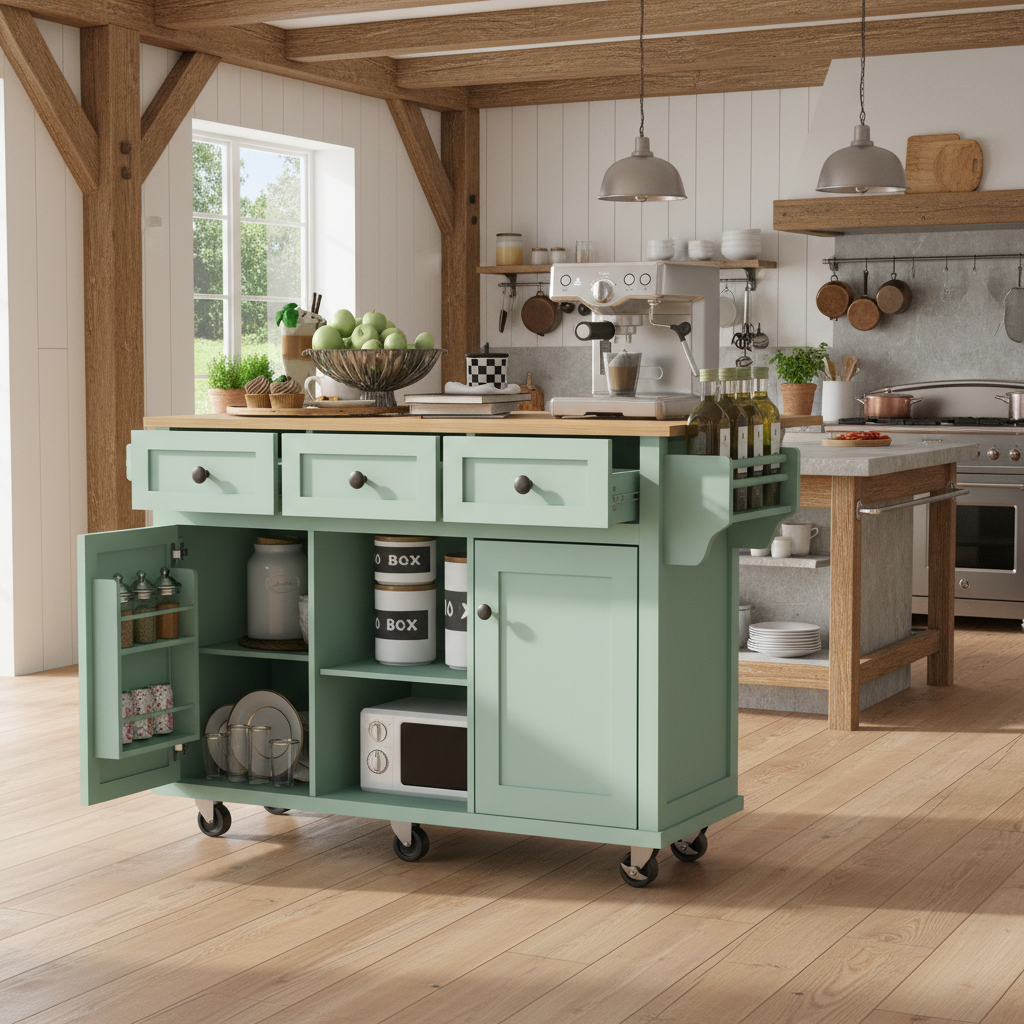 Java 53" Rolling Kitchen Island with Drop Leaf Rubberwood Top and Storage Drawers