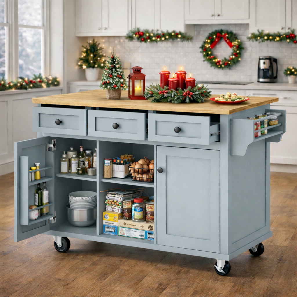 Java 53" Rolling Kitchen Island with Drop Leaf Rubberwood Top and Storage Drawers