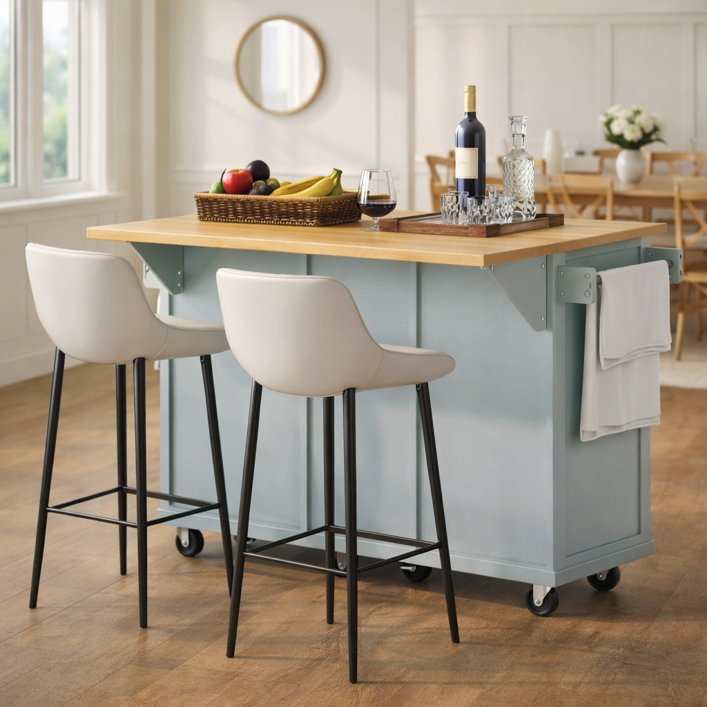 Java 53" Rolling Kitchen Island with Drop Leaf Rubberwood Top and Storage Drawers