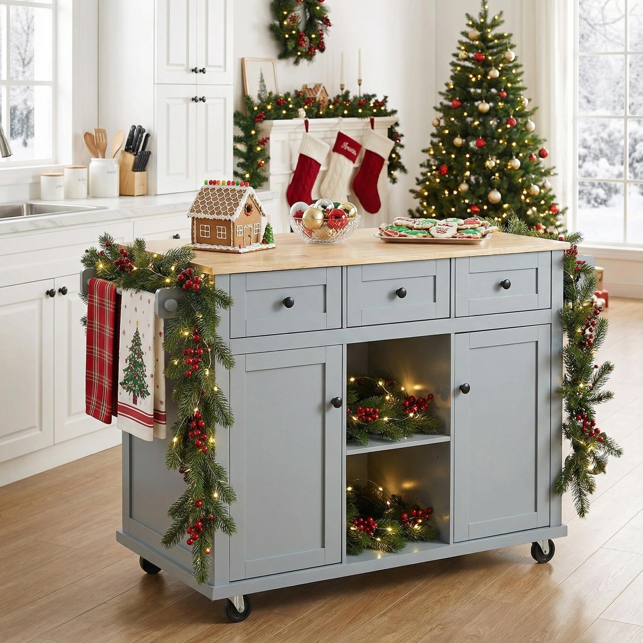 Java 53" Rolling Kitchen Island with Drop Leaf Rubberwood Top and Storage Drawers