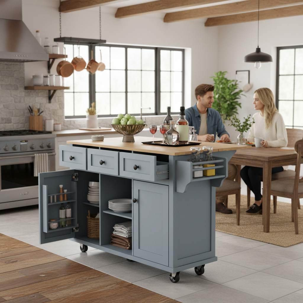 Java 53" Rolling Kitchen Island with Drop Leaf Rubberwood Top and Storage Drawers