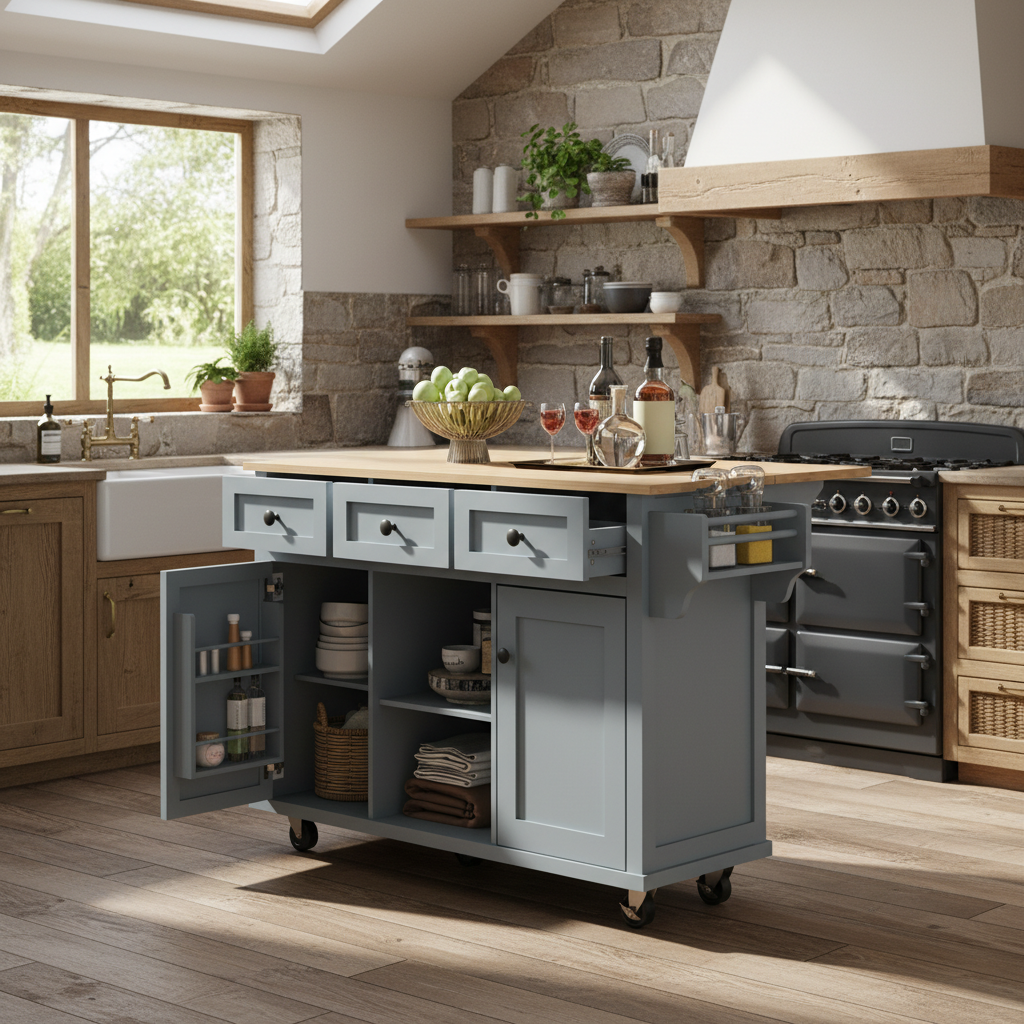 Java 53" Rolling Kitchen Island with Drop Leaf Rubberwood Top and Storage Drawers