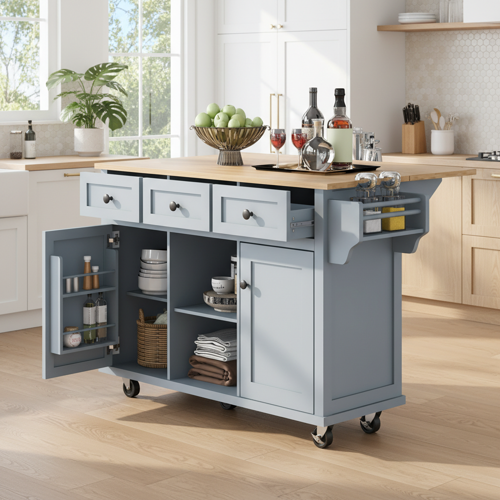 Java 53" Rolling Kitchen Island with Drop Leaf Rubberwood Top and Storage Drawers