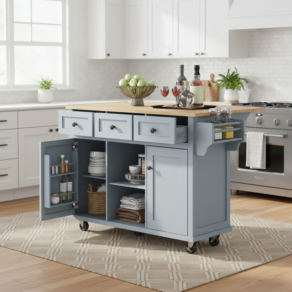 Java 53" Rolling Kitchen Island with Drop Leaf Rubberwood Top and Storage Drawers