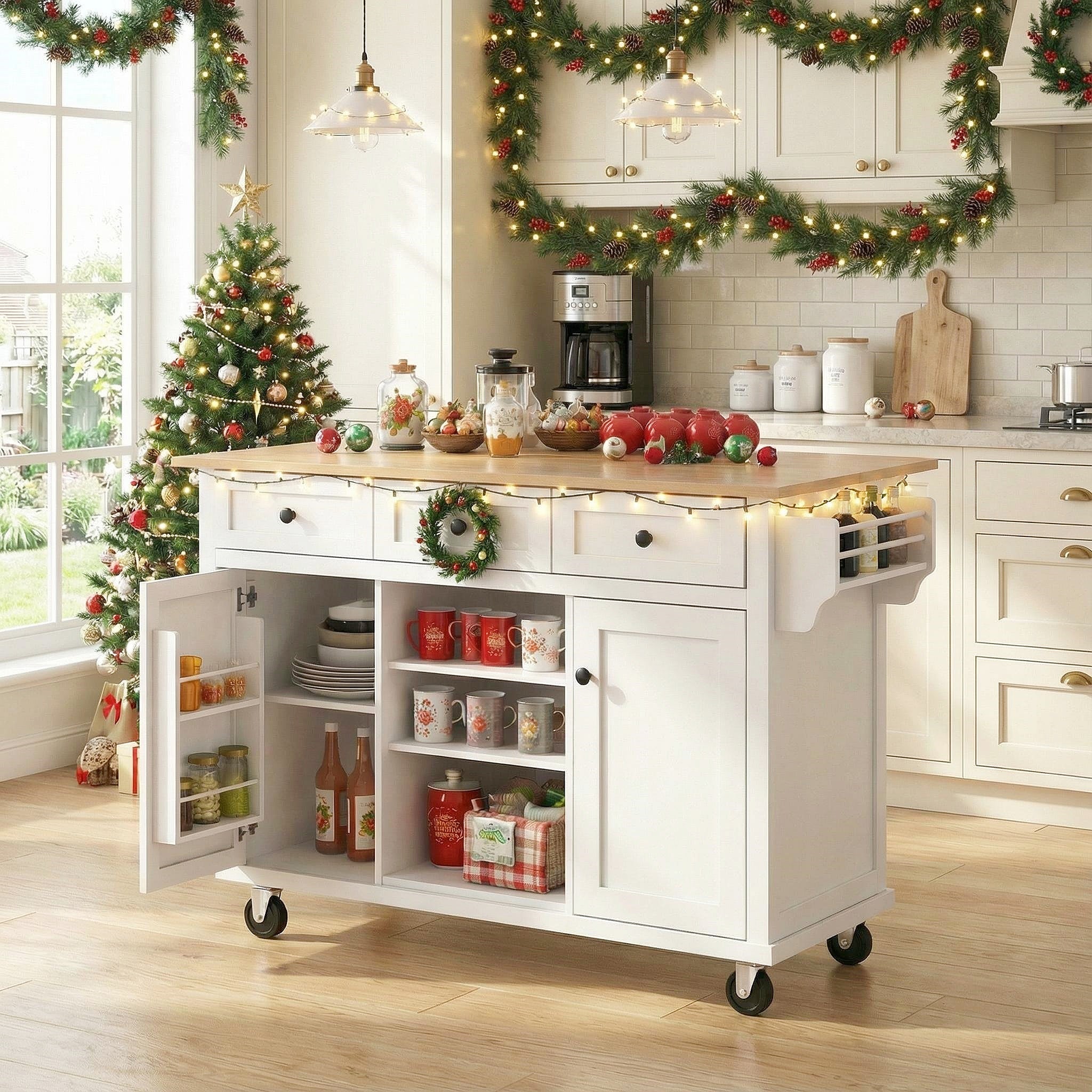 Java 53" Rolling Kitchen Island with Drop Leaf Rubberwood Top and Storage Drawers