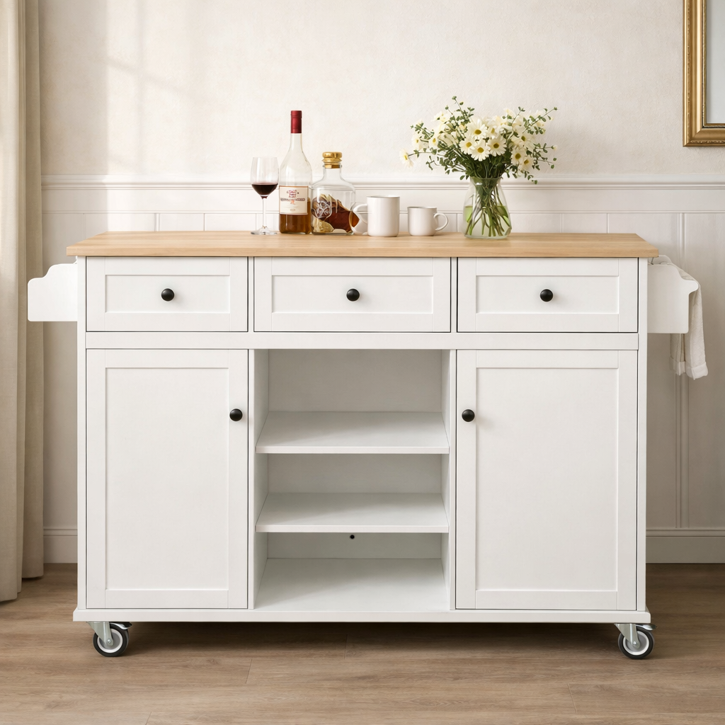 Java 53" Rolling Kitchen Island with Drop Leaf Rubberwood Top and Storage Drawers